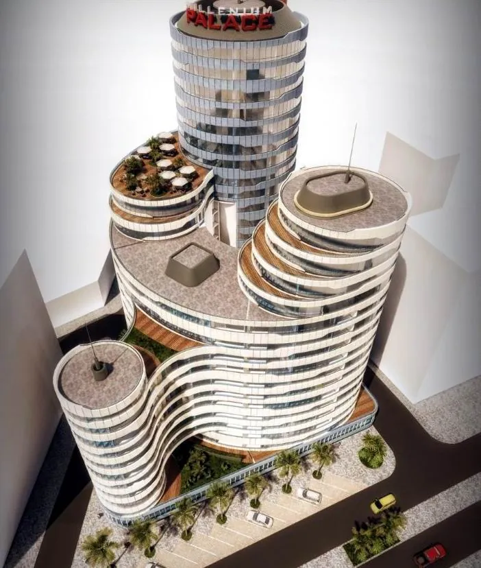 Vue aérienne de la maquette du Millenium Palace et de la Résidence Rexos